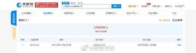 郑恺公司被强制执行3300万 关联案件为合同纠纷