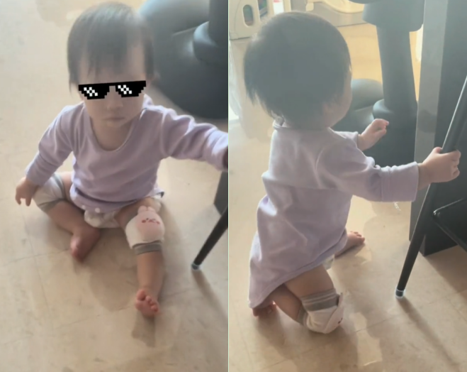 杜淳1岁女儿“小蛋饺”豪宅内练走路 穿纸尿裤跪地上乱爬